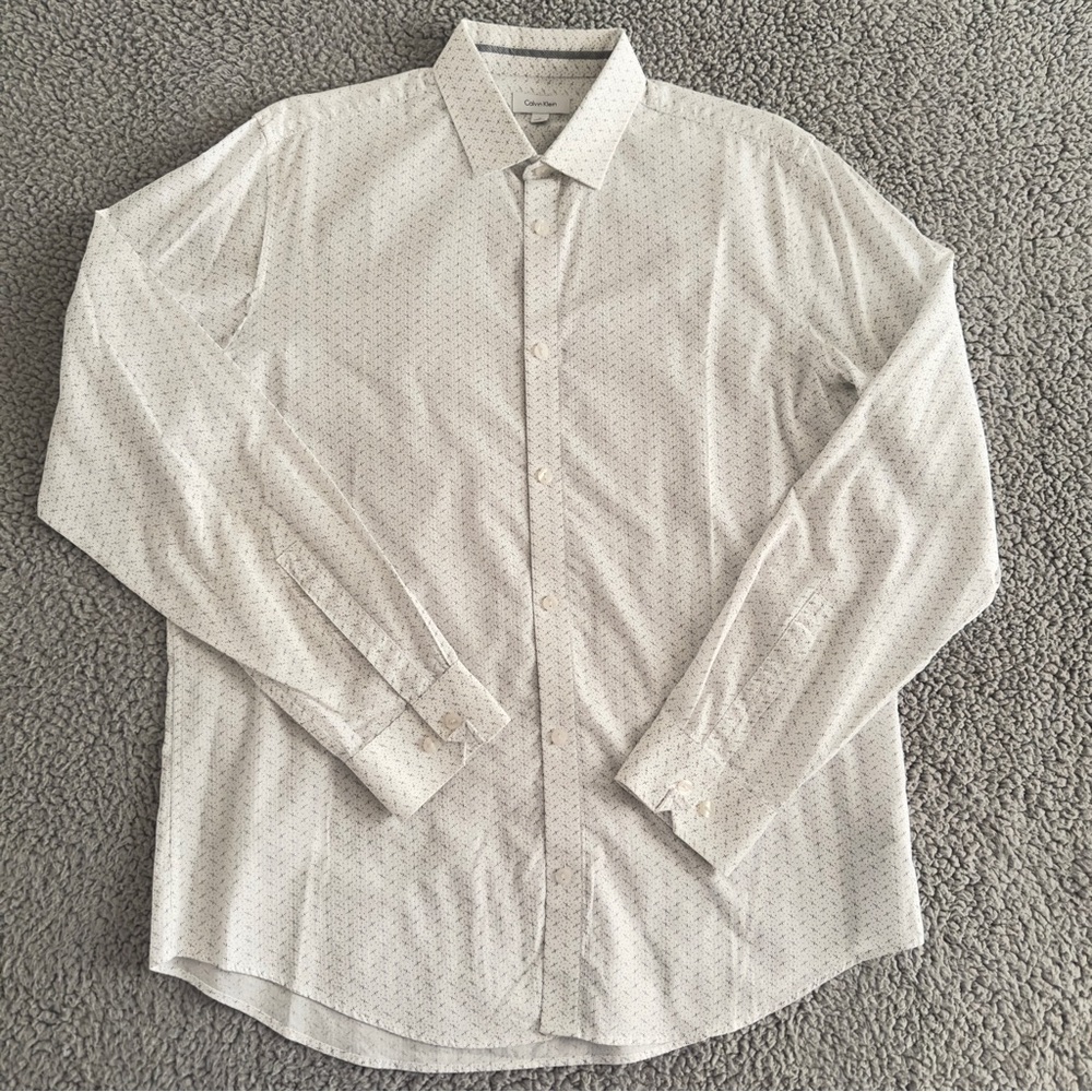 Calvin Klein White Micro Print Button Down Shirt Mens Medium Modern Dress